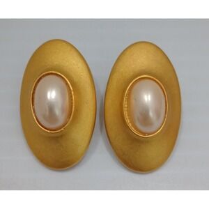 Vintage M.J. Carroll Gold Faux‎ Pearl Oval Pierced Earrings